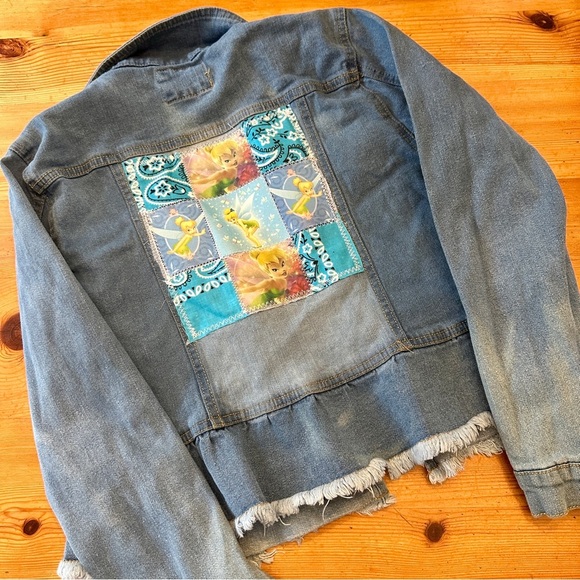 Upcycled Denim Jean jacket  patchwork Tinker Bell ruffle frayed edges girls - Picture 7 of 10